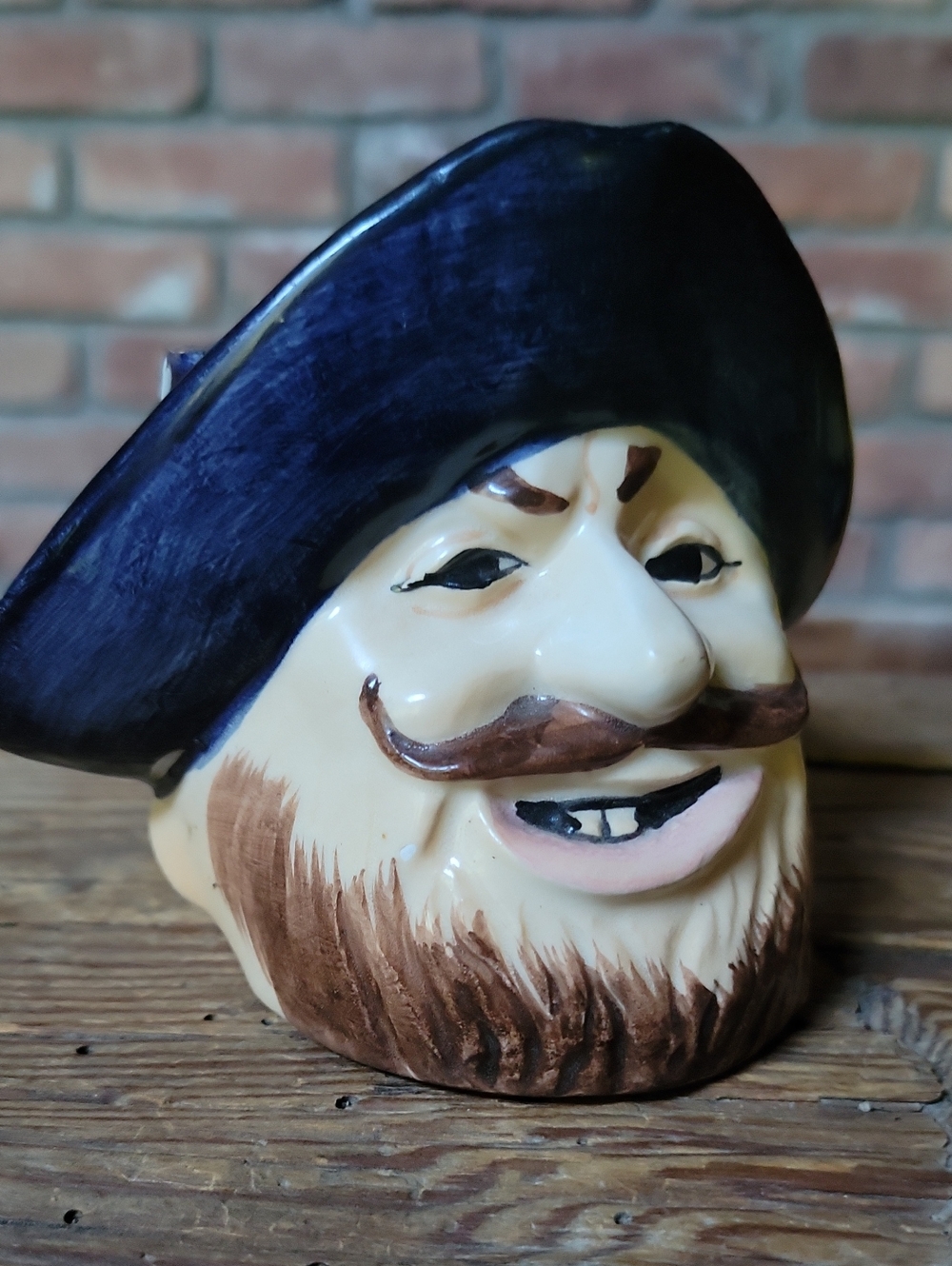 Vintage Pirate Head Toby Mug Style Ceramic Planter - Black Hat, Brown Beard